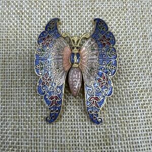 Vintage Fish Brand Enamel Cloisonne Butterfly with Flowers Brooch Pin